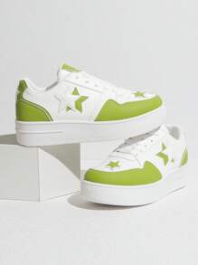 春季新款星形图案厚底女童运动鞋，系带透气软底防滑运动休闲鞋，适合青少年和青年 - 綠色 - 查看 11