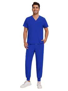 Men's Medical Workwear Set, Dentist/Nurse Uniform, V-Neck Short Sleeve Top, Medical Sports Pants, Nursing Workwear, Doctor Workwear - Royal Blue - View 3