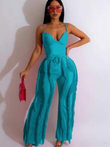 Women 2 Piece Outfits Fringe Tassel Long Pants Set Adjustable Suspenders Bodysuit Strap Clubwear Jumpsuits Solid Color Wave Pattern, V-Neck Suitable For All Seasons, Elegant Backless  Semi Transparent Camisole Straight Leg Pants For Spring And Summer - Royal Blue - View 1
