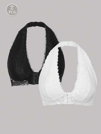 2pcs/Set Floral Lace Patchwork Front-Closure Camisole Bra, Lingerie