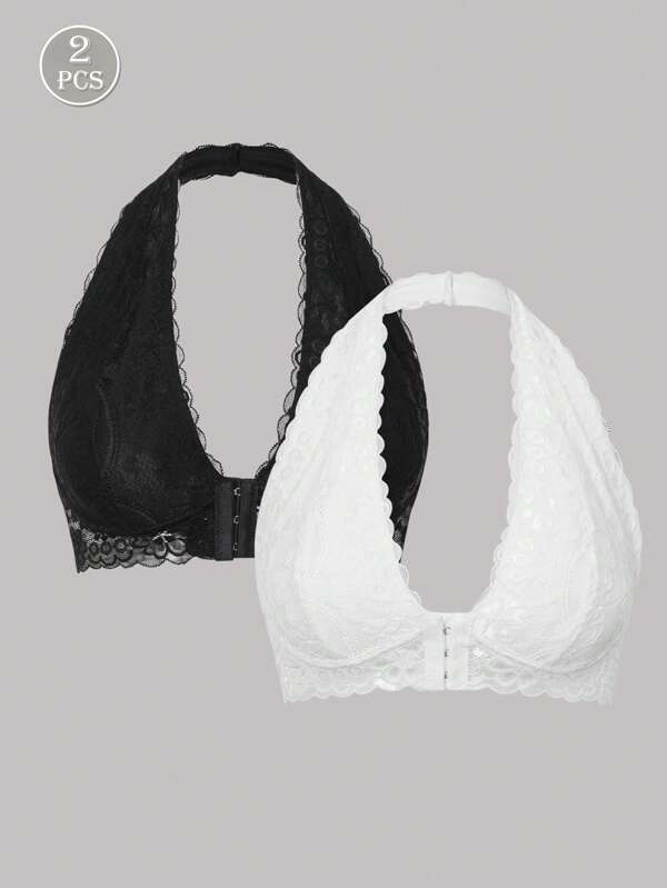 Set de 2 piezas Sujetador con cierre delantero de encaje con estampado floral, ropa interior