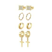 12 Pairs Unisex Earrings Set - Black, Silver & 18K Gold Plated | 4 Studs, 4 Cross Dangle, 4 Hoops For Men & Women