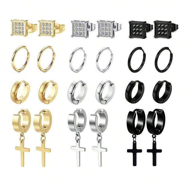 12 Pairs Unisex Earrings Set - Black, Silver & 18K Gold Plated | 4 Studs, 4 Cross Dangle, 4 Hoops For Men & Women