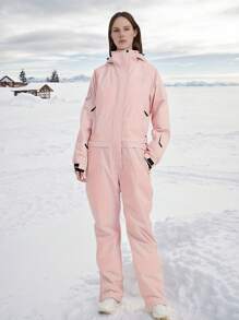1 件粉色女式连体滑雪服，带拉链口袋和拉链通风口，女式滑雪运动连体衣，适合户外活动，冬季运动滑雪装备，加固结构，功能性滑雪设备，耐用雪具，滑雪服女式滑雪服 - 粉色 - 查看 2
