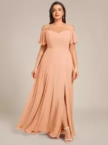 优雅浪漫迷人露肩高开衩粉色伴娘礼服，秋季婚礼宾客礼服 - 珊瑚粉 - 查看 2