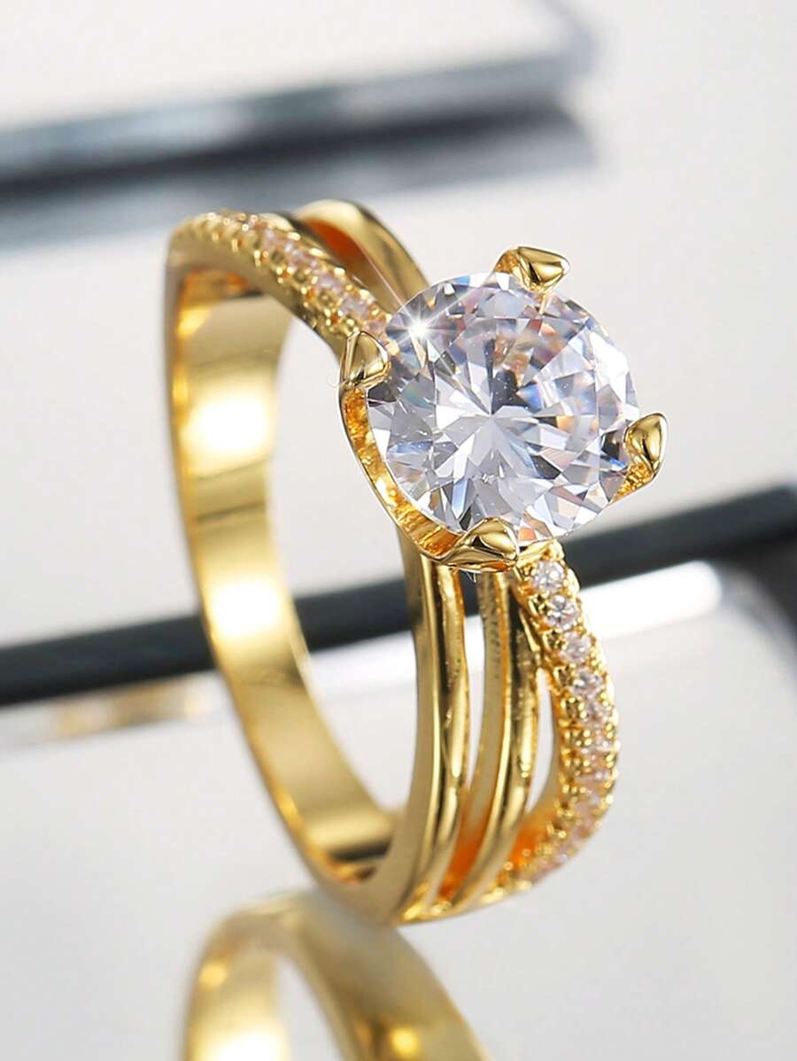 Charm-In Gorgeous And Dazzling Ring With Large Inlaid Zirconia In Smooth And Artistic Crossed Lines Design, In Rich Golden Color - Yellow Gold - View 1