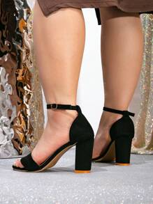 Wide Fit Women's Fashion Black Sandals, Thick Heel Ankle Strap Buckle Design - Round Toe Open Toe Sandals - Black - View 6