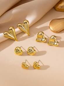8pcs Fashionable Gold Metallic Asymmetrical Heart Shaped Earring Set, Women Chic Stud Earring Set