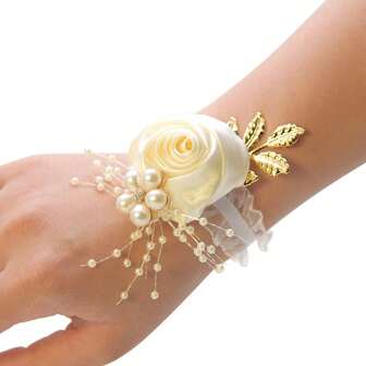 1pc Vintage Elastic Pearl Beaded Wrist Corsage, Bride Bridesmaid Wedding Party Wrist Decor Ribbon Rose Wristband