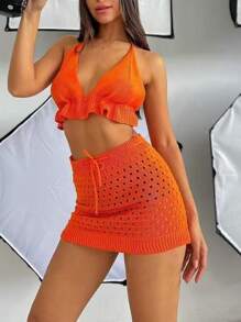 Summer New Women's Solid Color V-Neck Knit Halter Bikini & Short Skirt 2pcs/Set , For Outfits Suitable Party,Summer Beach Cover Up Sets Daily Dressing