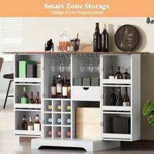 Merluxy 61" Farmhouse Bar Cabinet With 9 Wine Racks, Folding Liquor Storage, Expandable Coffee Bar Station With Drawer, Rustic White Mini Bar For Kitchen & Dining Room