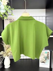 ELLIE Casual Striped Print Loose Cropped Shirt - 單色軍綠色 - 查看 4