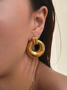 1 par de aretes de acero inoxidable con dorado en diseño geométrico asimétrico, versátiles para mujer en ocasiones formales y uso diario