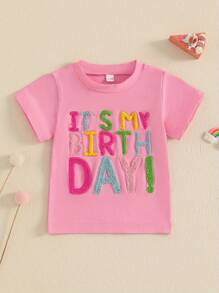 Toddler Girls Birthday T-Shirts Letter Embroidery Crew Neck Short Sleeve Shirts Summer Casual Fashion Kids Baby Tops - 粉色 - 查看 1