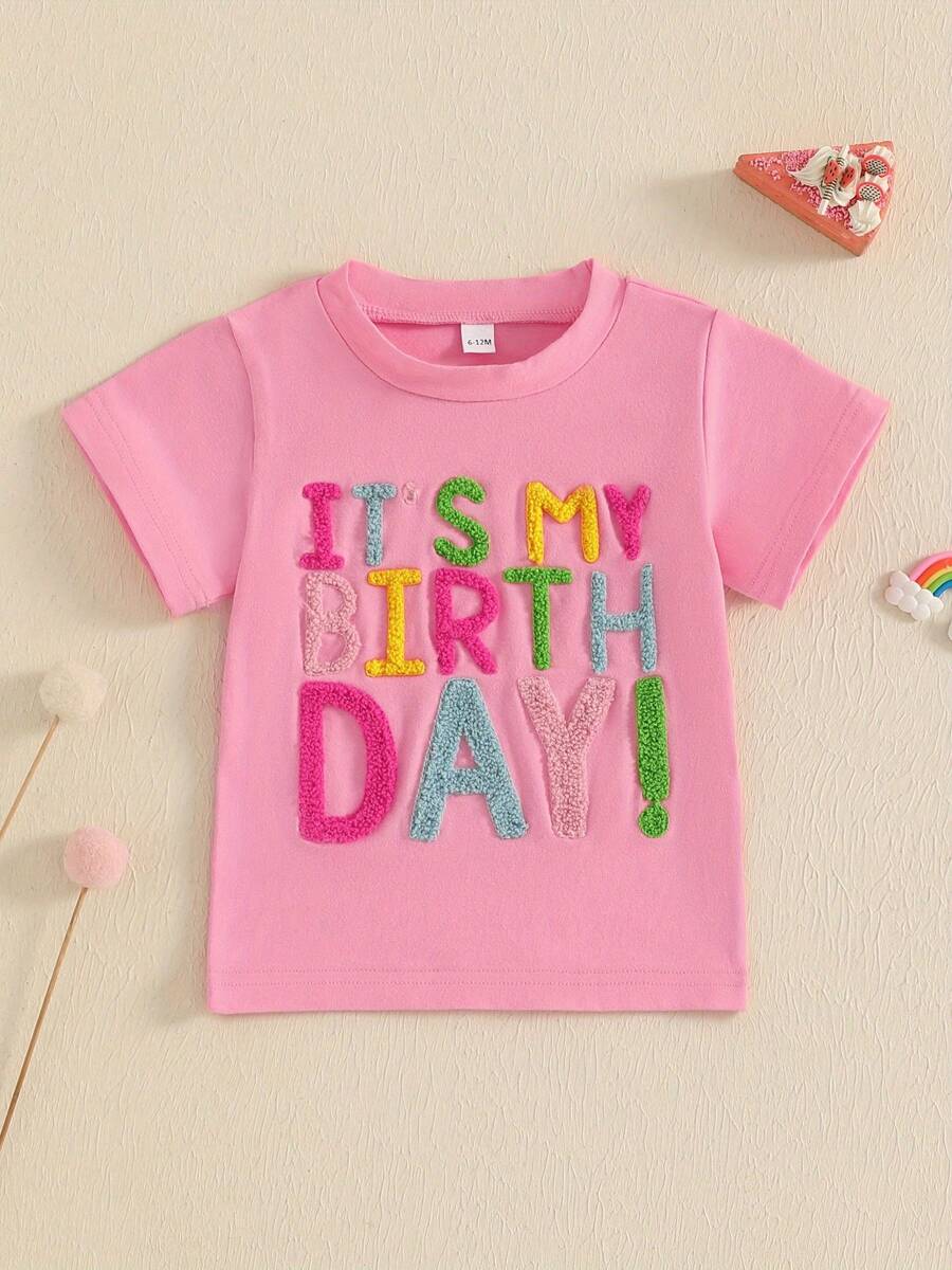 Toddler Girls Birthday T-Shirts Letter Embroidery Crew Neck Short Sleeve Shirts Summer Casual Fashion Kids Baby Tops - 粉色 - 查看 1