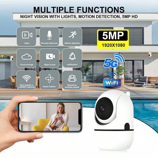 Cámara inalámbrica WiFi, cámara de vigilancia, cámara PTZ, cámara de vigilancia inteligente para interiores y exteriores con PTZ, seguimiento automático, con configuración opcional de 8MP, 5MP, 3MP, 2MP HD 1080P, Dual-Band 2.4G+5G WiFi y 2.4G WiFi