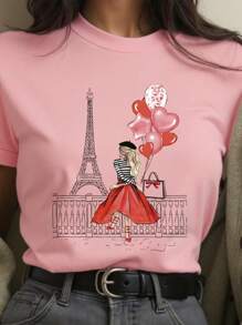 Top à motif Tour Eiffel JOYY, Top imprimé à manches courtes et col rond pour femmes, Design romantique de ballon de Paris, Tenue décontractée, Top minimaliste pour le plein air au printemps/été - Rose bonbon - Voir 3