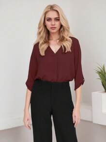 SANOPY Womens Blouses,Blouses For Women Dressy Casual,Blouses For Women Business Casual,Work Blouses For Women,Women's Casual Chiffon V Neck 3/4 Sleeve Blouse Tops - 酒紅色 - 查看 3