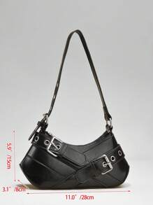 女士全装备拉链腋下钱包，合成皮革腋下女包，黑色皮带装饰时尚单肩腋下摩托车包 - 黑色 - 查看 5