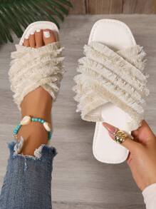 Women Handmade Tassel Criss Cross Square Toe Flat Sandals, Comfortable & Versatile, Beige Beach Slippers