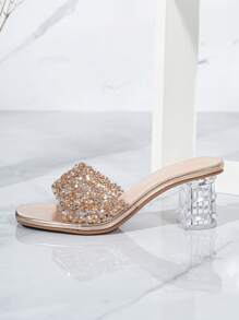 Women's Fashion Square Toe Crystal Wedge Rhinestone High Heel Sandals, Suitable For Outing, Banquet, Party And Other Events