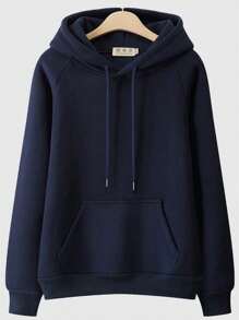 Women's Solid Color Hooded Sweatshirt With Lining And Drawstring - Azul Marino - Ver 2