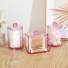 Qtip 支架分配器带盖 - 10 盎司浴室收纳盒，用于化妆棒球浴盐梳妆台罐台面收纳罐，透明粉色，适用于假日海滩、浴室收纳、卧室收纳，大容量 - 粉色 - 查看 2