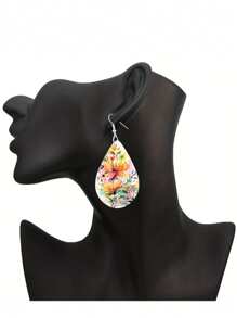 1Pair Bohemian Flower Wooden Small Water Drop Earrings, Watercolor Flower Pattern Earrings Pendant, Girls Jewelry Gift