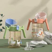 1pc 300ml Cartoon Animal Milk Bottle, Cute Rabbit/Duck/Kitten Print, Material Shockproof Heatproof, With Toddler Lock Drink Water Milk No Nose Touch, Clear Scale, Anti-Slip Handle, Suitable For Daily Use, Holiday Birthday Gift