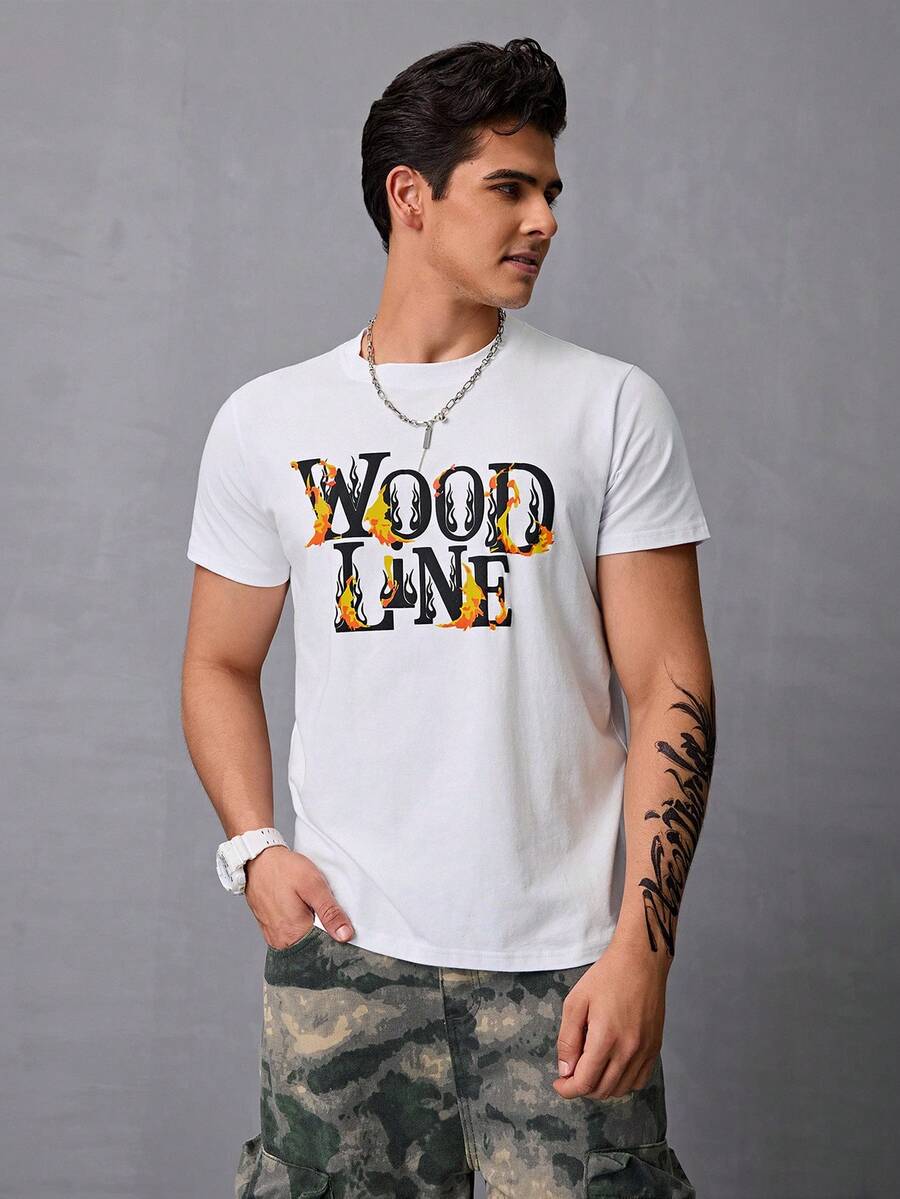 Hombres Camiseta Con Estampado Con Diseño De Letras y Llamas,Camisetas Informales De Manga Corta De Moda De Verano - Blanco - Ver 1