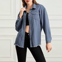 Women's Spring Denim Coat Lapel Long Sleeve Solid Color Button Down Shirt Jacket - Blue - View 4