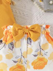 Dziewczęca prążkowana koszulka z kokardą i kwiatowym nadrukiem, zestaw szortów, prezent na letnie wakacje na świeżym powietrzu