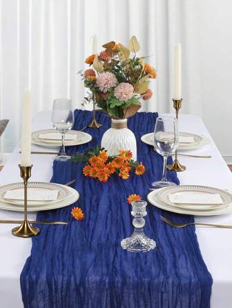 1pc Royal Blue Lace Tablecloth, Bohemian Sheer Fabric Table Runner, Country Style Transparent Table Decor For Wedding, Birthday, Baby Shower, Party, Boho Dining (Navy Blue)