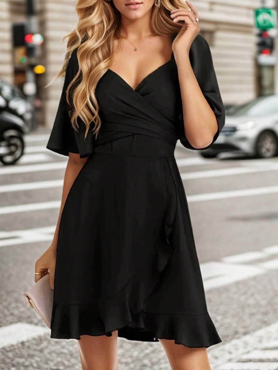 hoteel Women's Wrap V Neck Short Flared Sleeve Dress Smocked Elastic Waist Tiered Belted Ruffle Hem Mini Dress - 黑色 - 查看 1