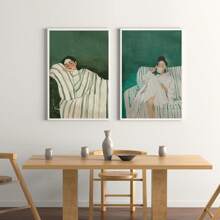 Set Of 2 Abstract People Wall Art Prints, Canvas Hangings, Posters, Wall Art, Contains Emerald Green Striped Woman Canvas Poster, Minimalist Large Art Wall Decor, Coffee Lovers Prints, Spring Decor For Living Room, Bedroom, Cafe, Bar, Office, Hallway And Home Room Decor Artwork Gifts Birthday Graduation