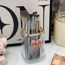 亚克力办公桌收纳盒 - 透明笔筒和收纳盒，化妆刷架，办公室和宿舍必备的塑料，带粉色蝴蝶结装饰