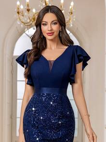 MIUSOL Classic Sequin Floral Lace Sweetheart Neck Ruffle Sleeve Working Cocktail Party Fitted Dress - Navy Blue - View 9