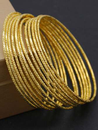 12pcs Set 18K Gold-Plated Floral Engraved Bangle Bracelets, Classic Design, Jewelry For Women In Dubai, Europe & America