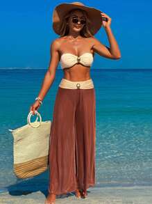 Conjunto de traje de baño de 3 piezas para mujer con top tubo, accesorios metálicos y pantalones de malla para playa y vacaciones de verano