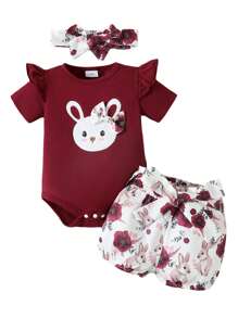 Baby Girls Shorts Set, Short Sleeve Letters Print Romper Striped Shorts With Hairband Easter Outfit