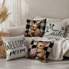 4 件套复活节复古黑白格子兔子枕套套装，单面印花毛绒天鹅绒，45 * 45 厘米/18 * 18 英寸靠垫套适用于现代布艺沙发室内装饰、派对装饰、礼物 - 彩色 - 查看 8