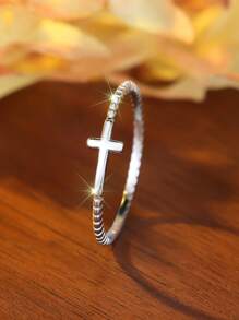 1pc Minimalist Sophisticated Cross 925 Sterling Silver Unisex Ring, Suitable For Everyday Wear - Silver - View 2
