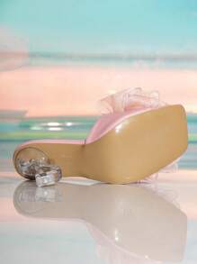 Women's Minimalist Elegant Flower Decor Strap Mule Heels, Asymmetric Chunky High Heeled Sandals, Sexy Fashion Stilettos For Summer Night Party - Pink - View 7