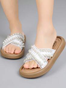 Criss-Cross Pearl Decor Kids Sandals, Fashion Slippers