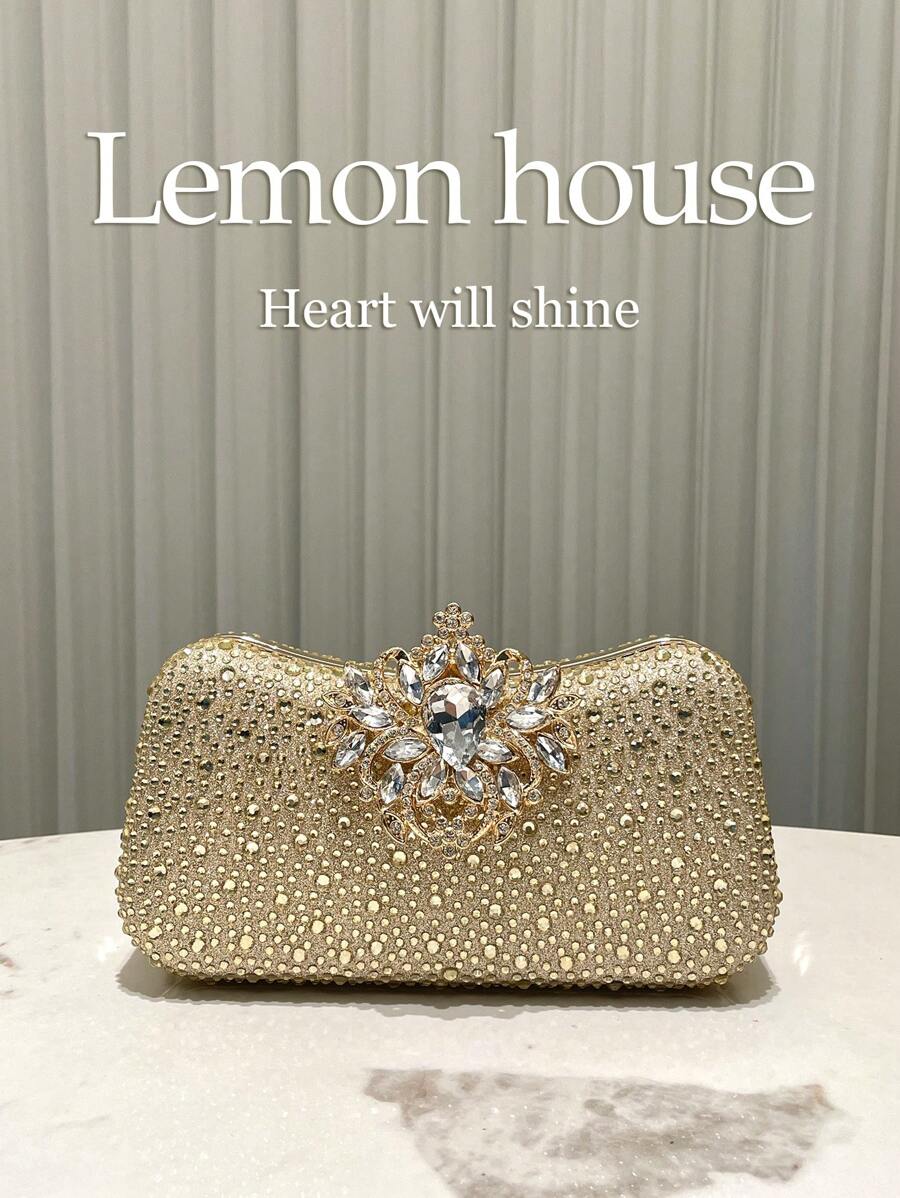 1 件金色闪光奢华水钻优雅手拿包，水钻扣，时尚手提包，适合晚会、庆典、婚礼、舞会、女士理想礼物