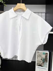 ELLIE Casual Striped Print Loose Cropped Shirt - 單色白色 - 查看 2