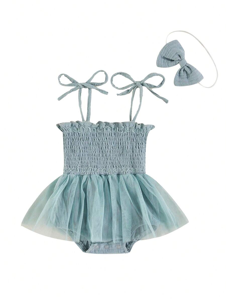 Infant Girls Casual Romper With Headdress, Floral Tie-Up Off-The-Shoulder Jumpsuit With Yarn Hem - Blue - View 1