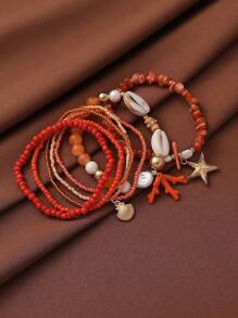 Set de 6 piezas Pulseras elásticas con conchas y estrellas de mar, estilo de vacaciones de playa rosa, adecuadas para uso diario y vacaciones de mujeres