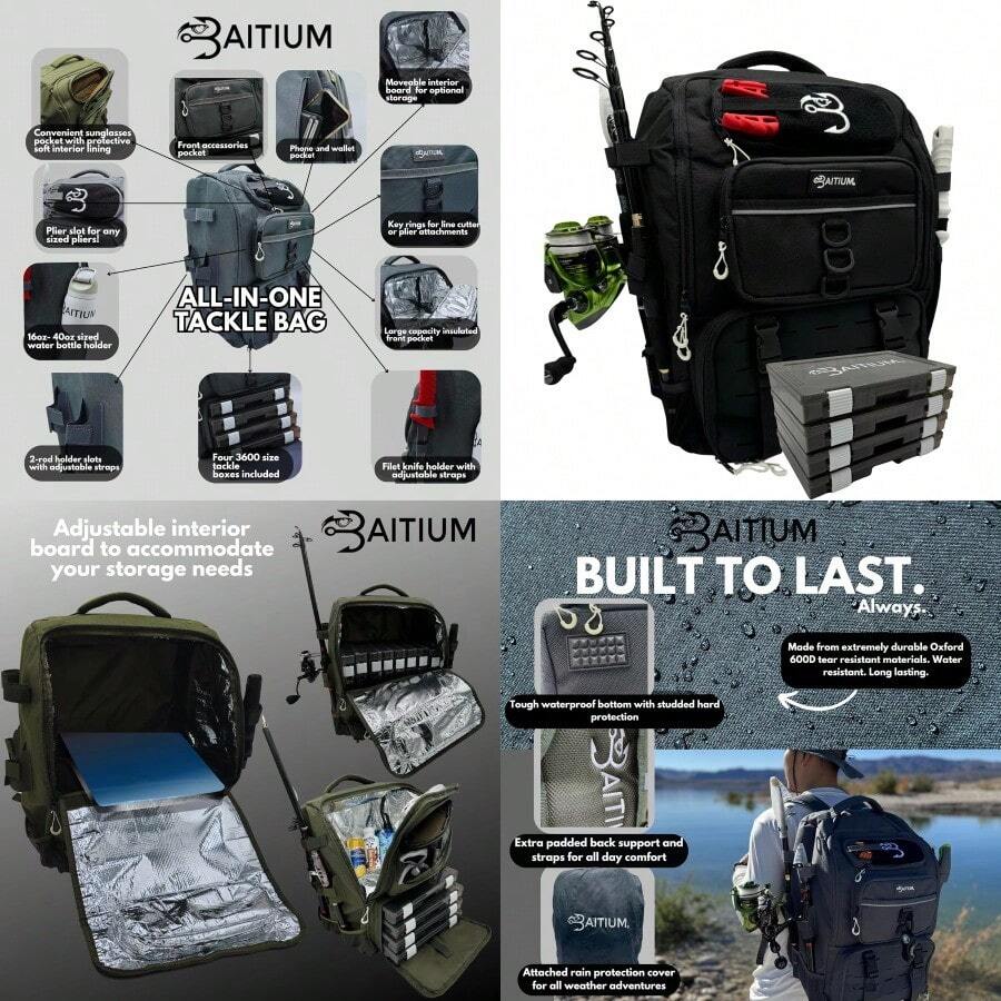 Fishing Backpack Fishing Tackle Backpack With Rod Holders 40L Tackle Bag With Cooler Fishing Bag Fishing Tackle Backpack Fishing Tackle Box Backpack Fishing Gear Jet Black - JetBlack1 - View 1