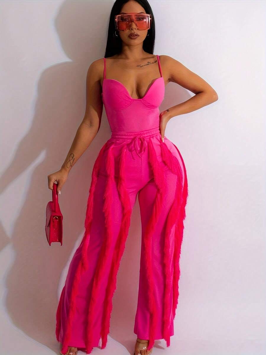 Women 2 Piece Outfits Fringe Tassel Long Pants Set Adjustable Suspenders Bodysuit Strap Clubwear Jumpsuits Solid Color Wave Pattern, V-Neck Suitable For All Seasons, Elegant Backless  Semi Transparent Camisole Straight Leg Pants For Spring And Summer - 粉色 - 查看 1